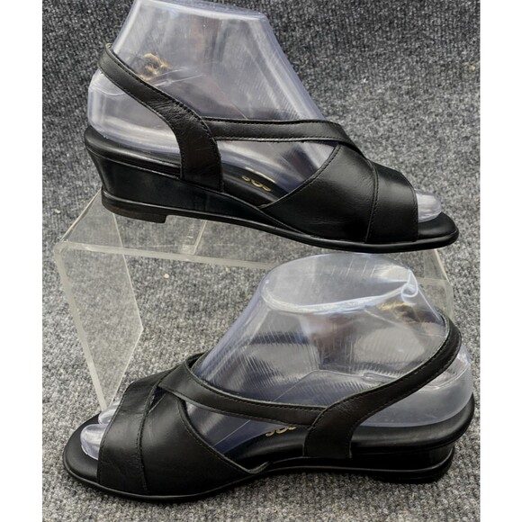 SAS Caress Cross Strap Sandals Size 6 W | Black Leather Comfort Wedge - Picture 15 of 16
